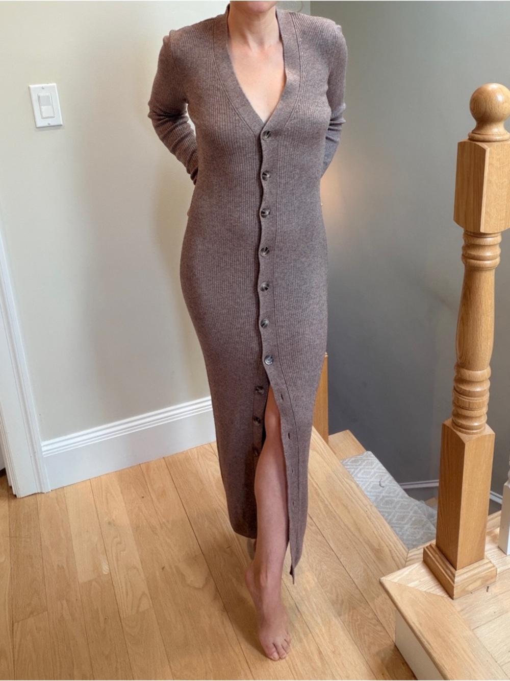 Ronny Kobo Collection Taupe Ribbed Button-Front Maxi Sweater Dress